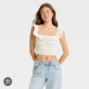 wild fable Cream Floral Smocked Ruffle Crop Top